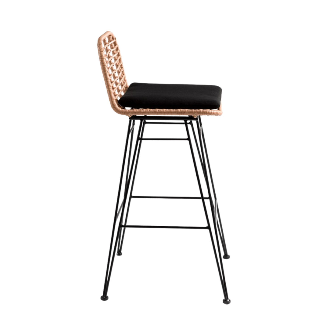 Side view of synthetic rattan Amalfi bar stool with black seat cushion and metal frame.