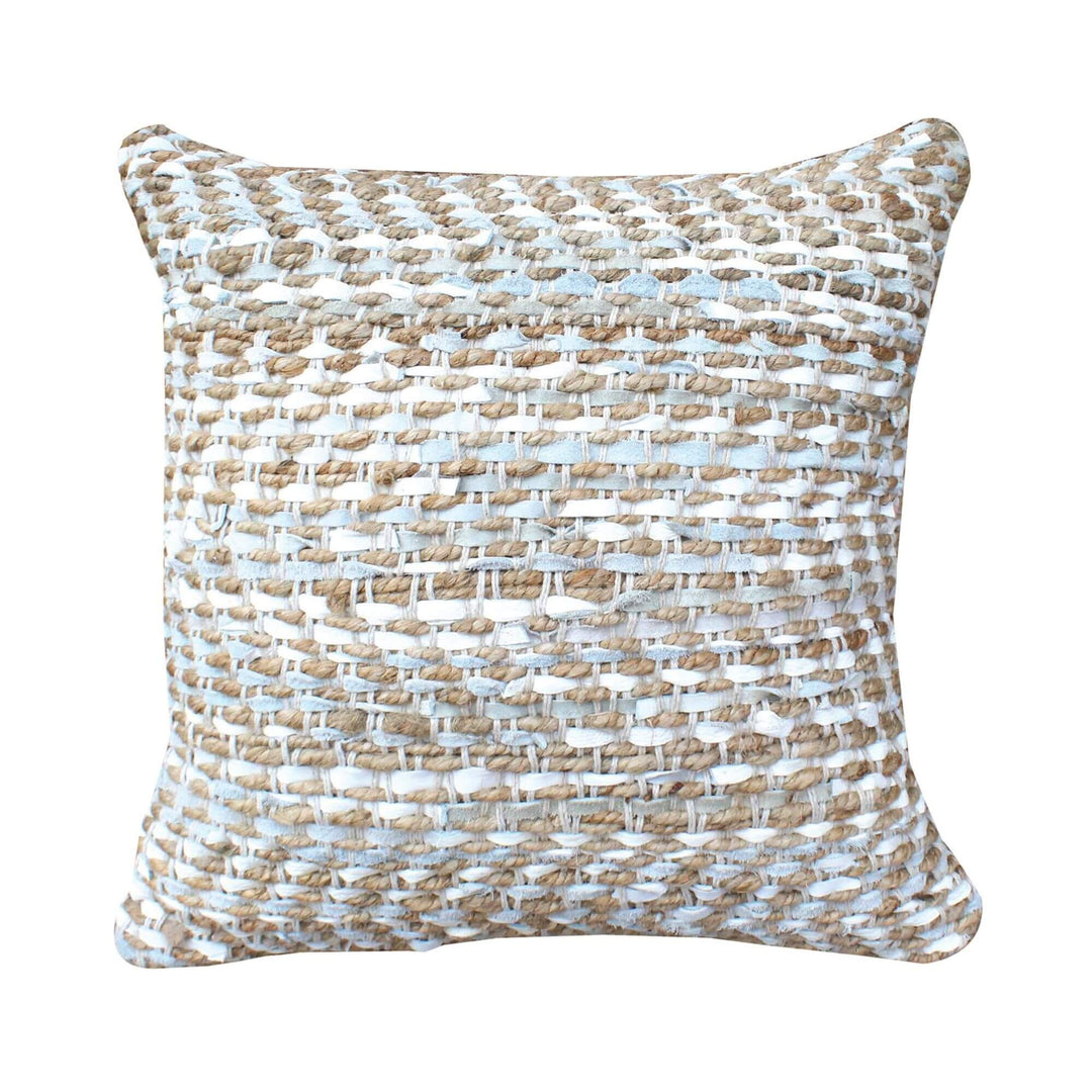 Handwoven square cushion made of natural hemp and leather strips in beige and white tones