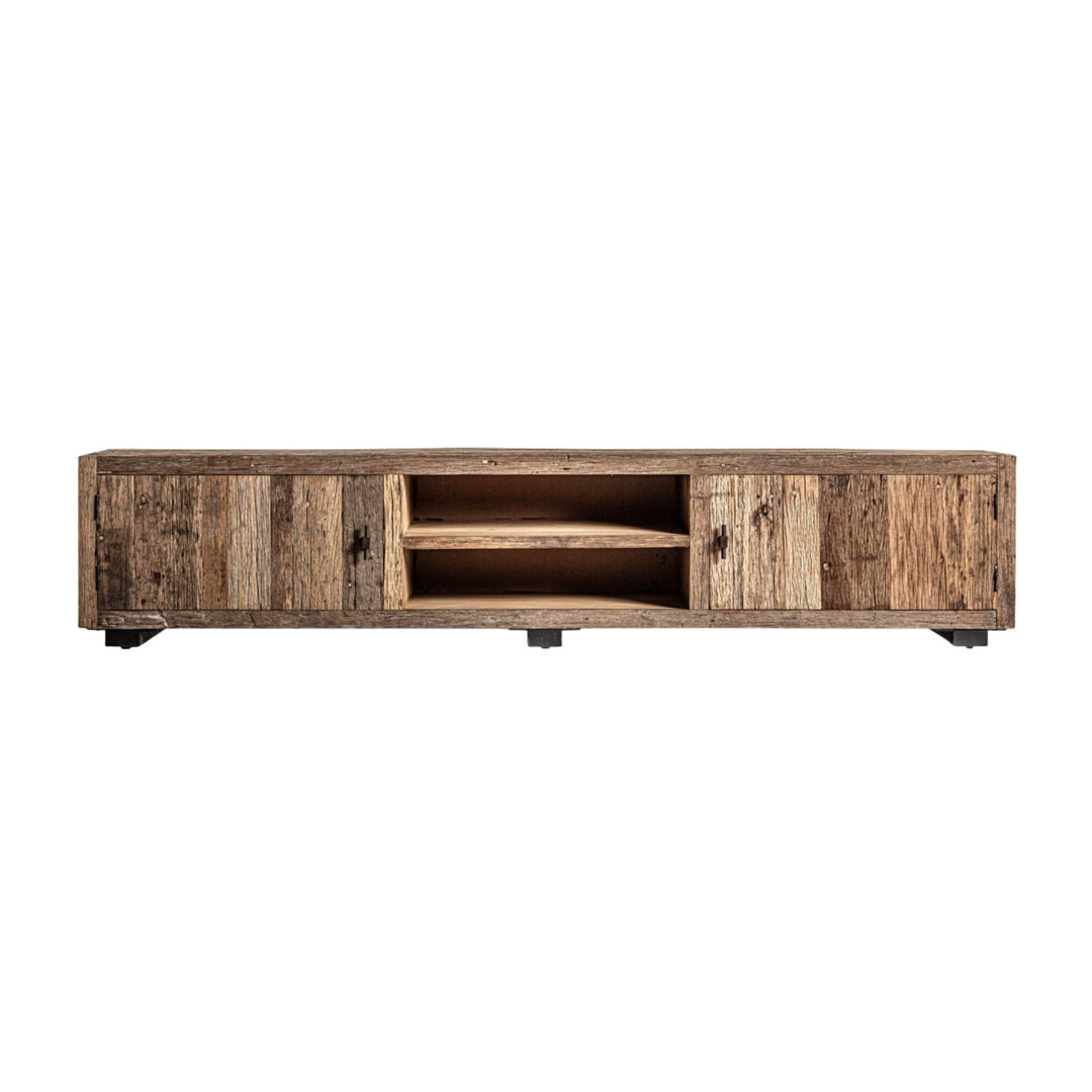 Front view of Amazonas Collection pine wood TV console with black metal base, 250x45x50 cm.