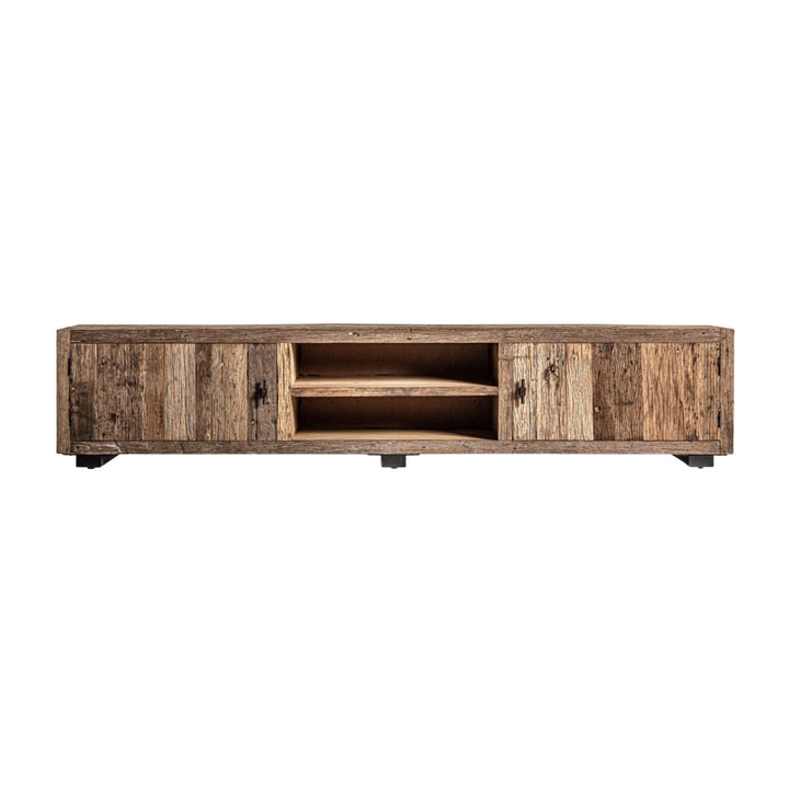 Front view of Amazonas Collection pine wood TV console with black metal base, 250x45x50 cm.