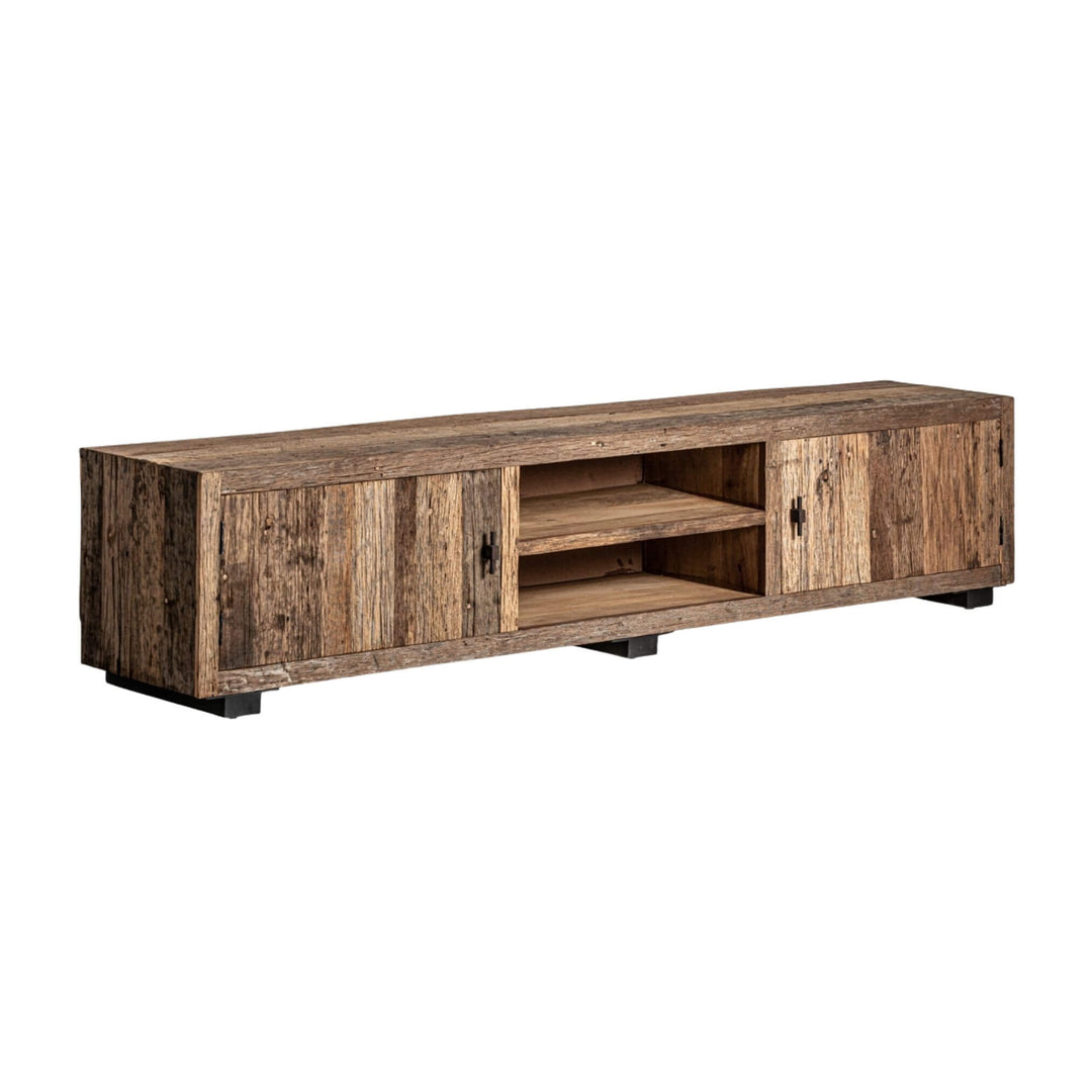 Angled view showing rustic pine grain, metal frame, and center open shelf.