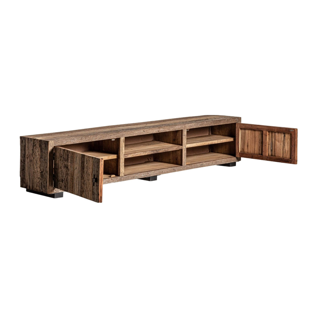 TV console with doors open displaying interior storage compartments and metal base.