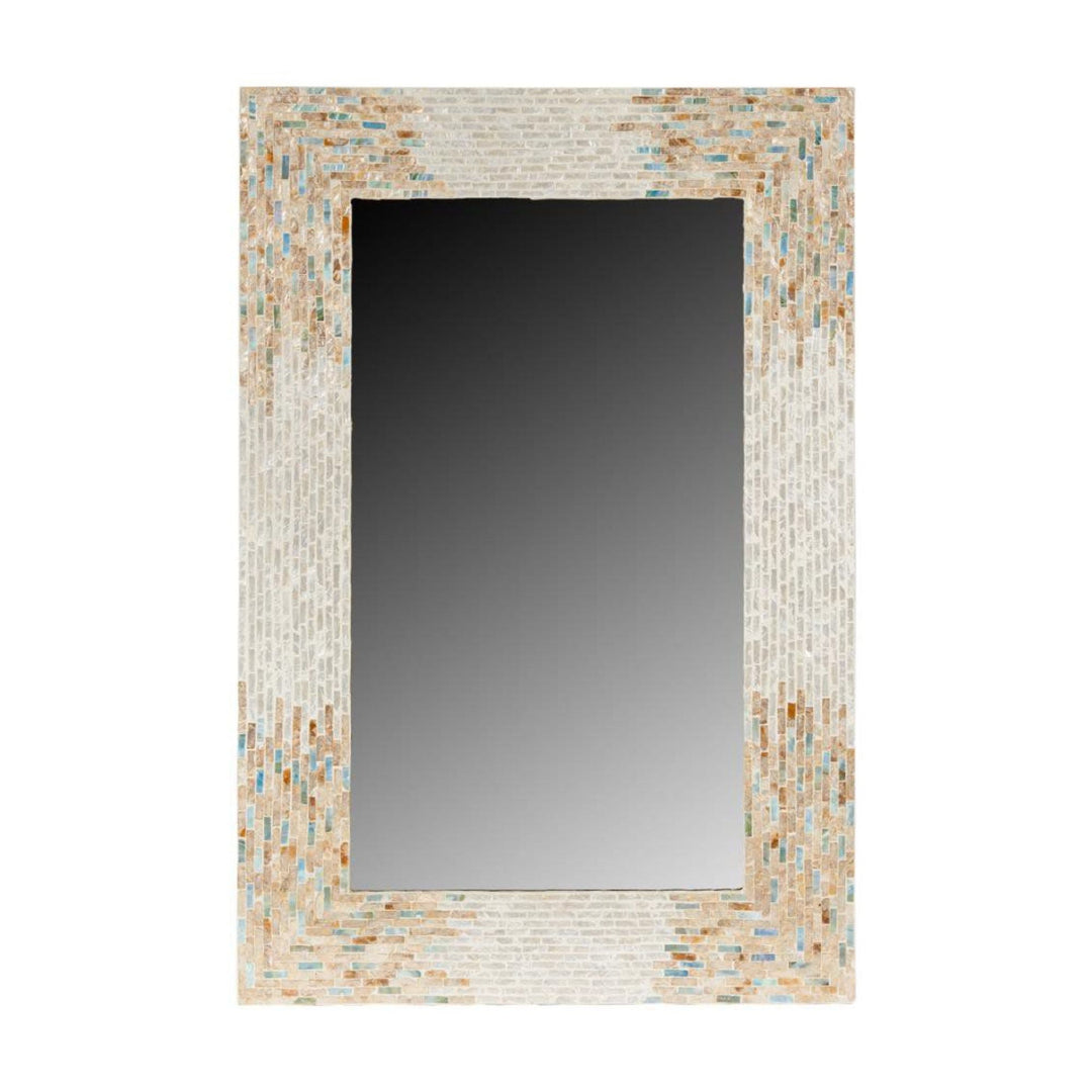 Rectangular mirror with a mosaic frame made of reclaimed wood and capiz in natural and aqua tones.