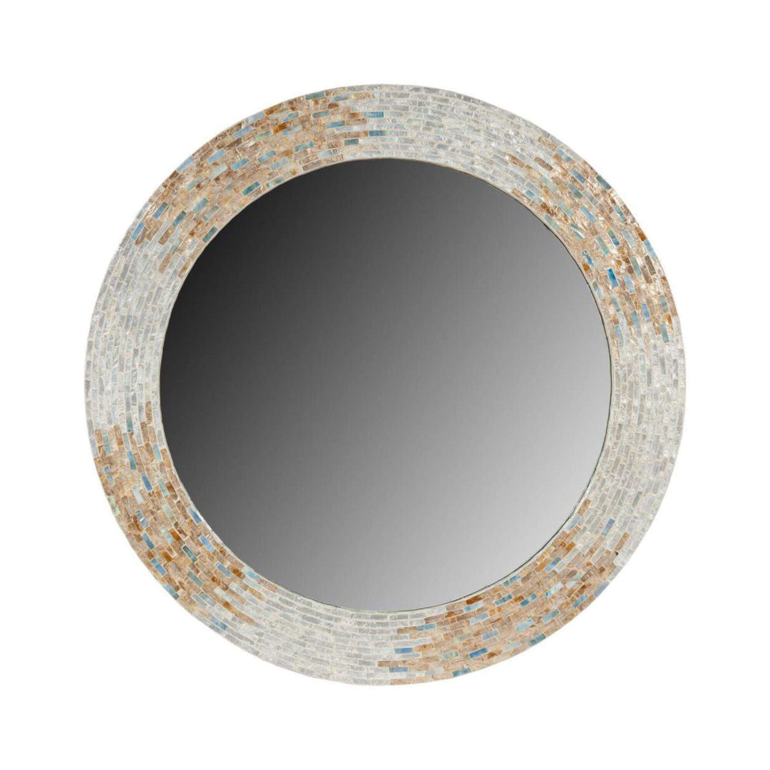 Round mirror with a mosaic frame made of reclaimed wood and capiz in natural and aqua tones.