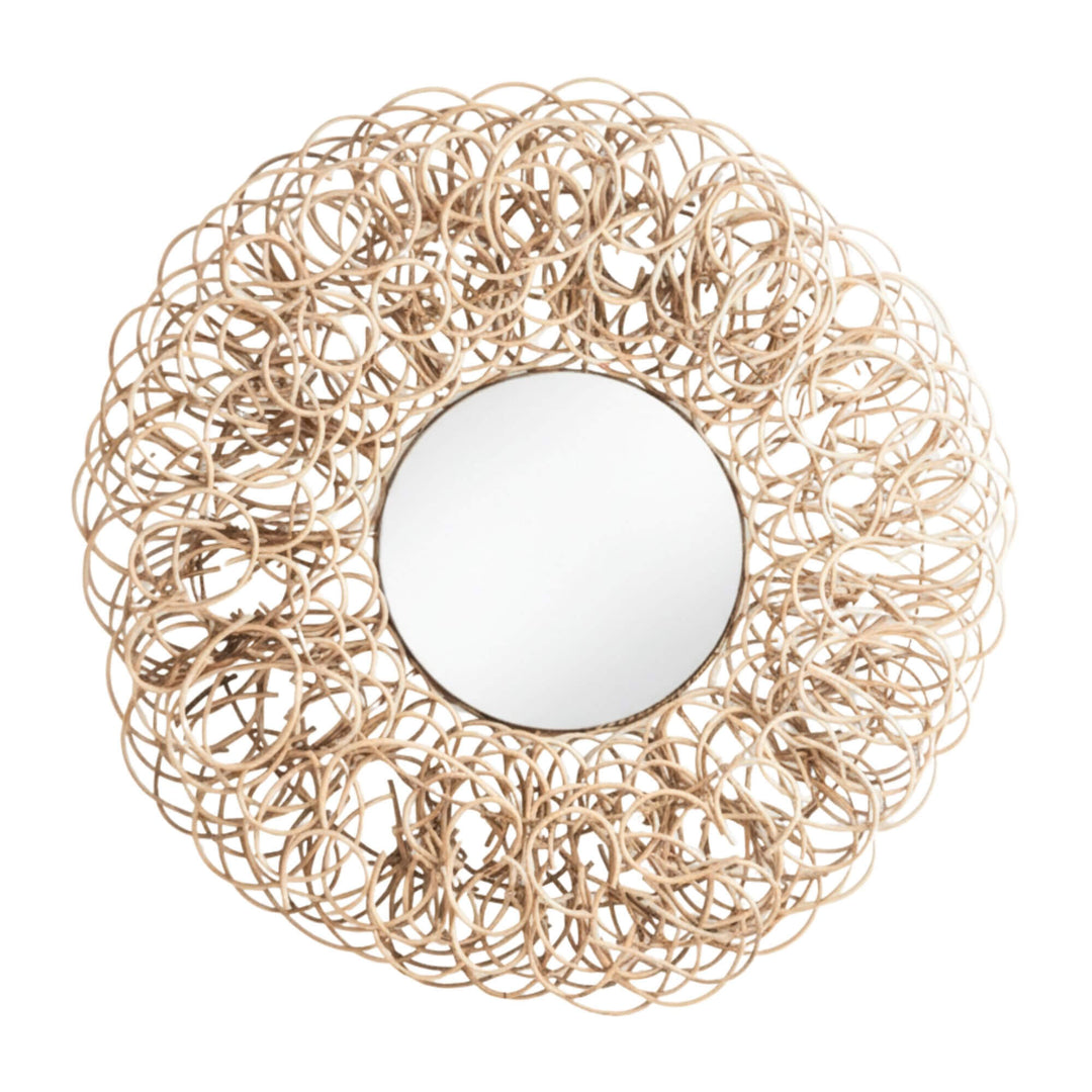 Amur Mirror featuring intricate natural rattan loops around a round glass center.