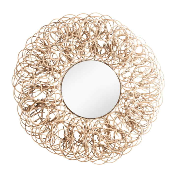 Amur Mirror featuring intricate natural rattan loops around a round glass center.