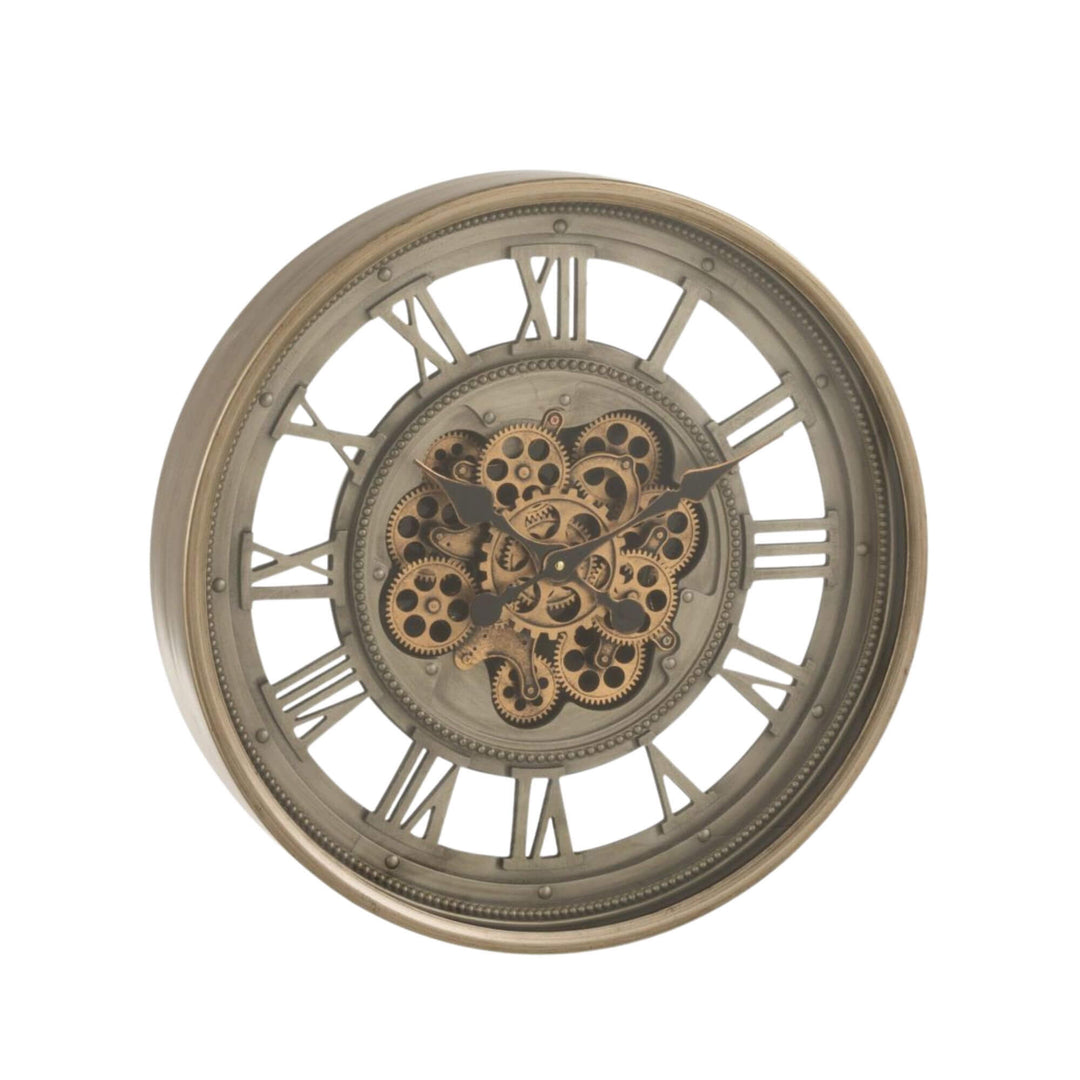 Front view of the Ananke Roman wall clock showing its open dial with Roman numerals and decorative gears.