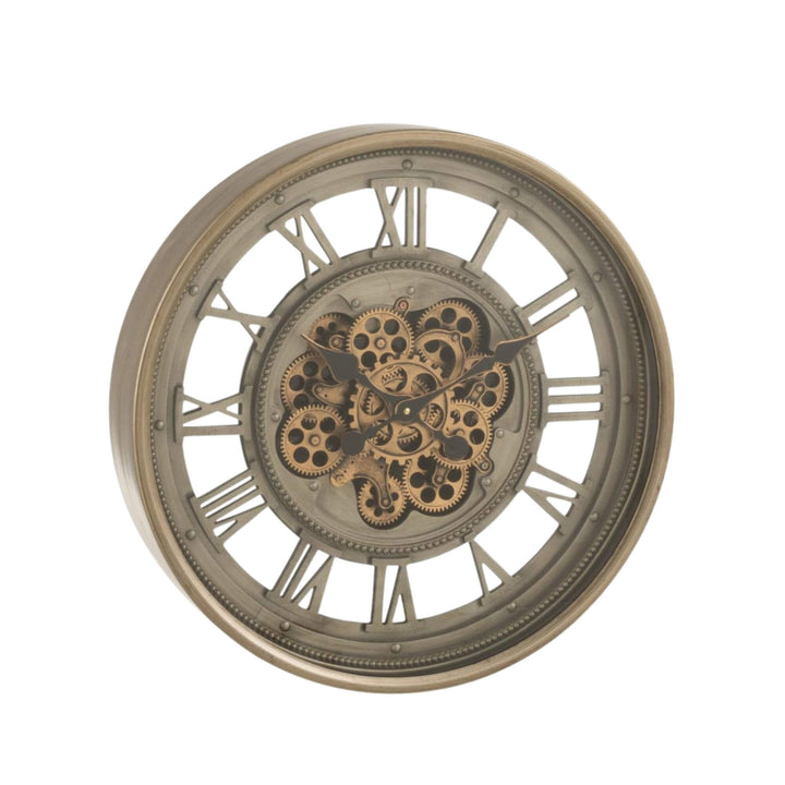 Front view of the Ananke Roman wall clock showing its open dial with Roman numerals and decorative gears.