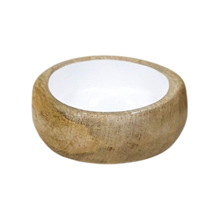 Handcrafted mango wood bowl featuring a smooth white interior