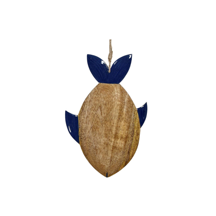 Full view of the small-size Anaya Fish Chopping Board made of mango wood with navy fin accents.