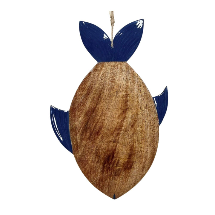 Full view of the large-size Anaya Fish Chopping Board made of mango wood with navy fin accents.