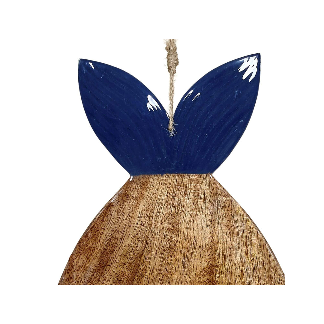 Top section of the Anaya Fish Chopping Board featuring the glossy navy tail and natural wooden body.