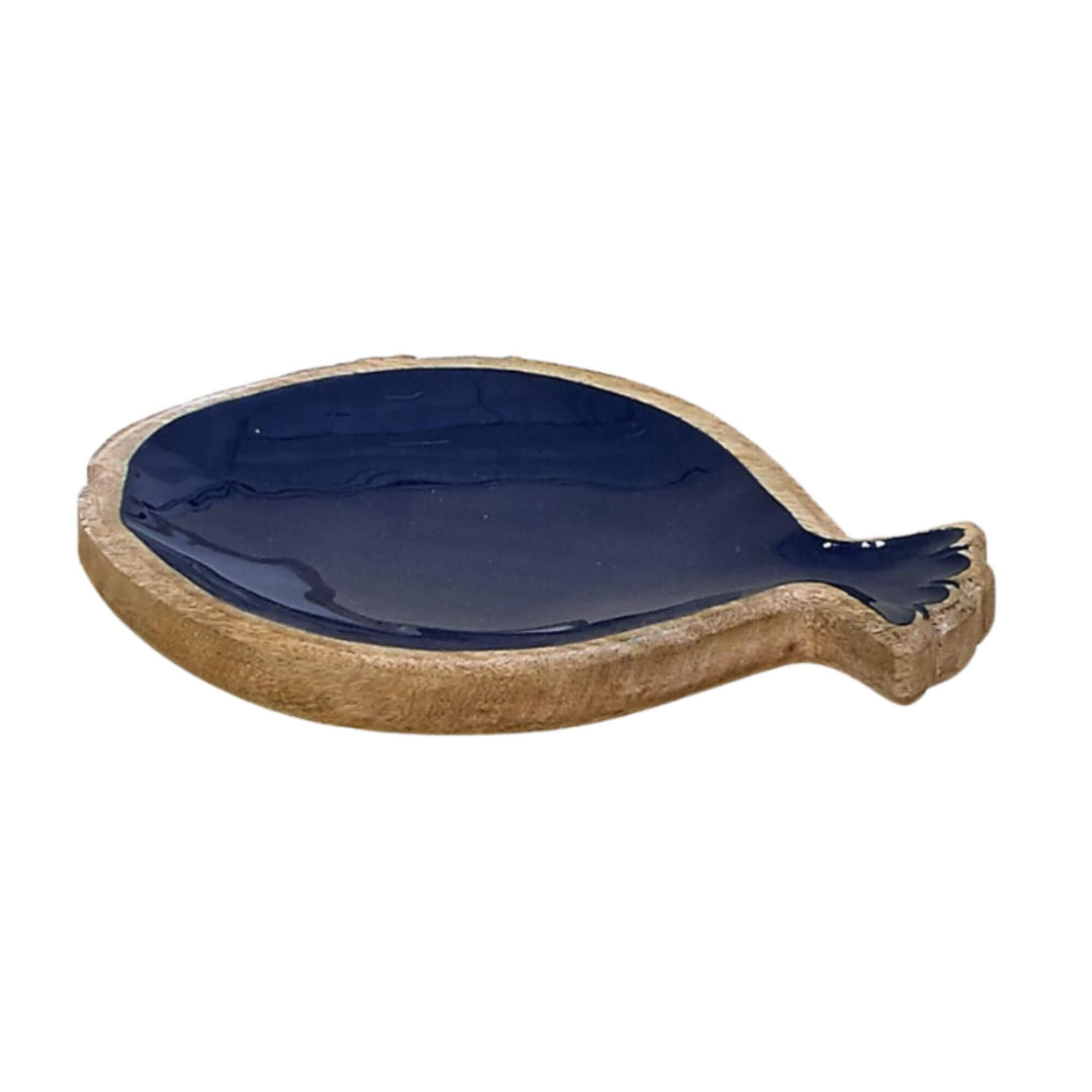 Side angle of mango wood fish tray featuring deep navy enamel center.