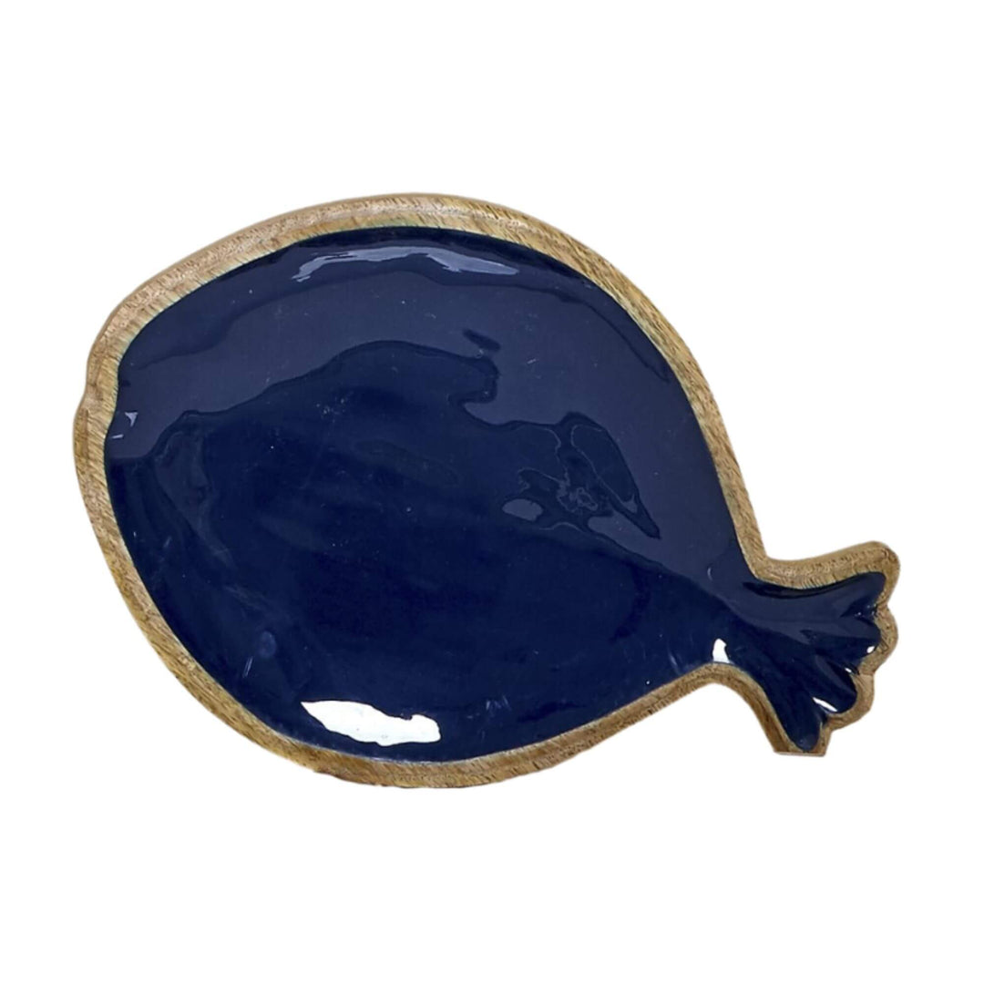 Wooden fish-shaped tray with glossy navy enamel interio. Size "L"