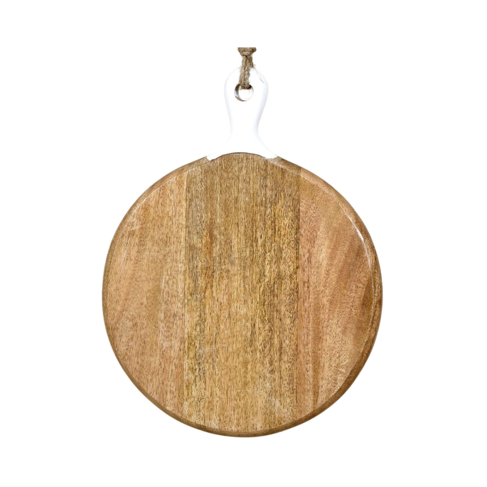 Anaya round chopping board crafted from natural mango wood featuring a white ceramic handle.