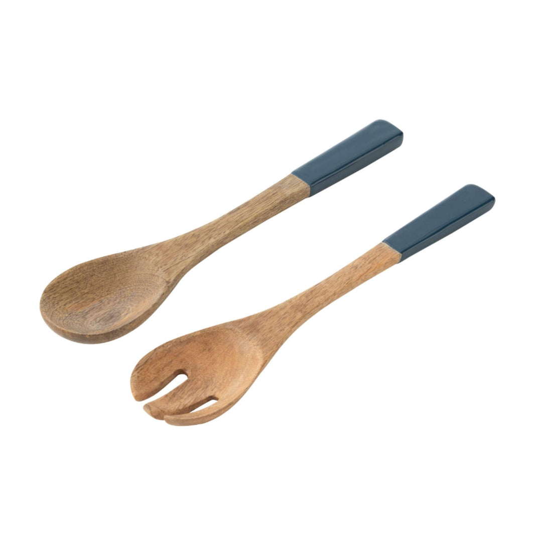 Two-piece wooden salad serving set featuring navy blue handles.