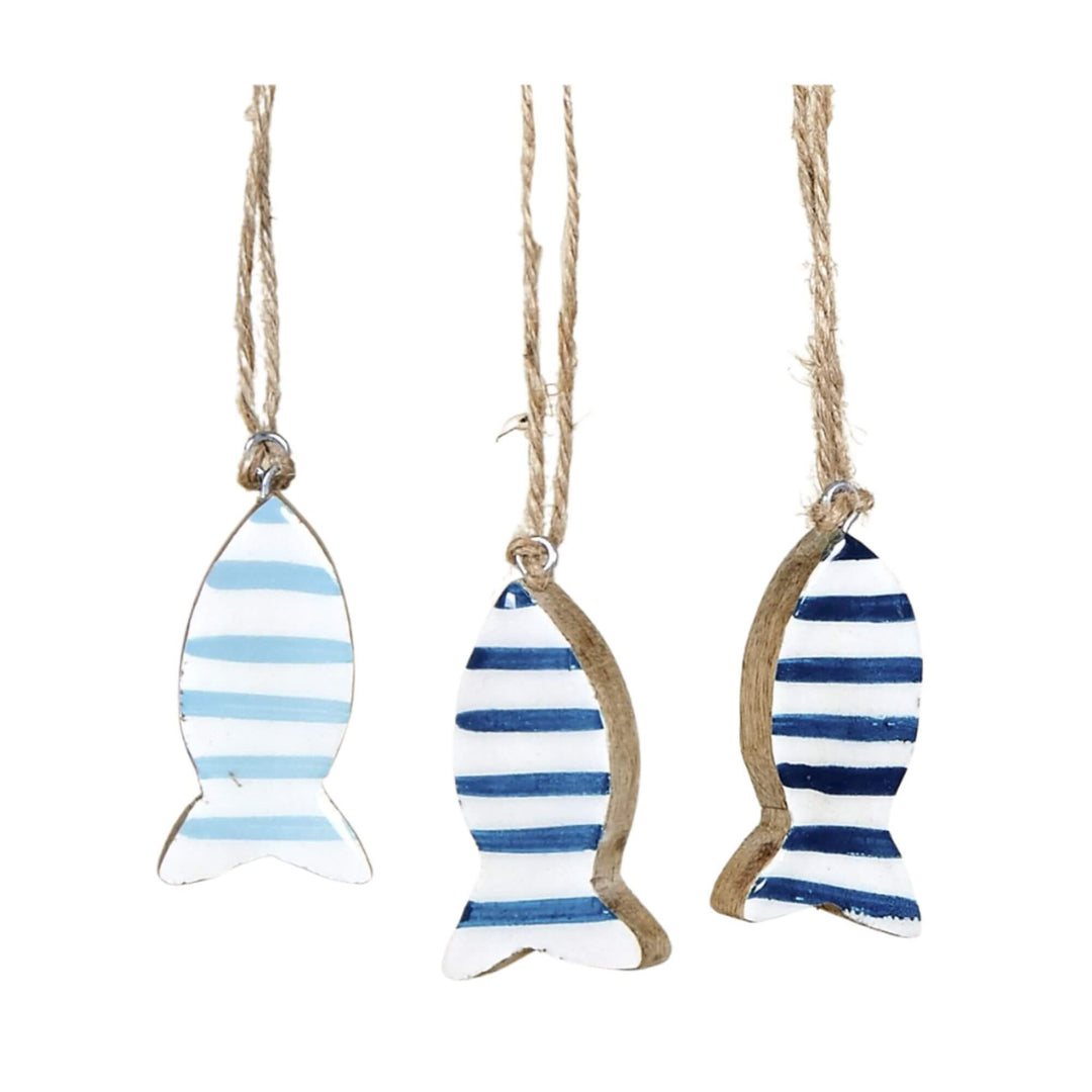 Set of three striped wooden fish keyrings in different blue tones.