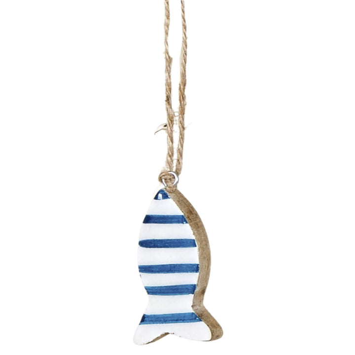 Side-angle view of blue striped wooden fish keyring.
