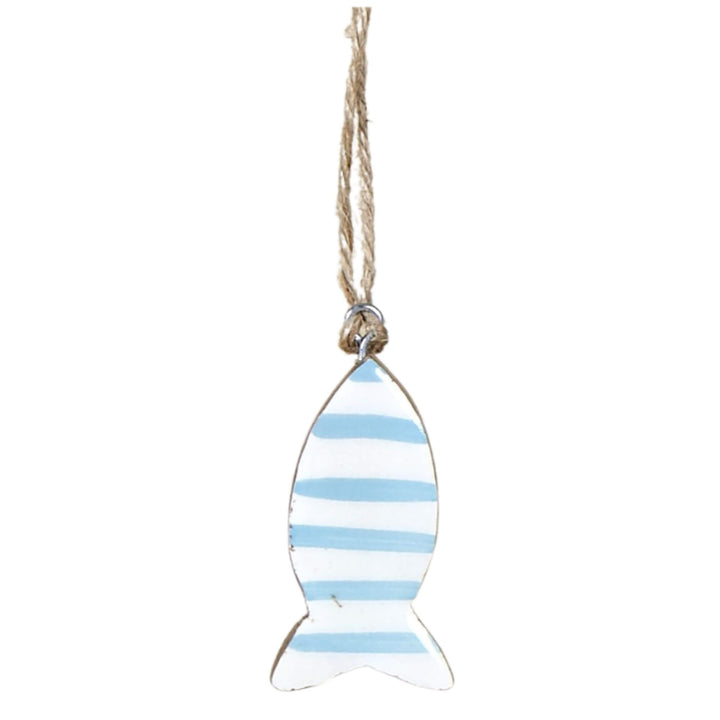 Light blue striped wooden fish keyring hanging from a jute string.