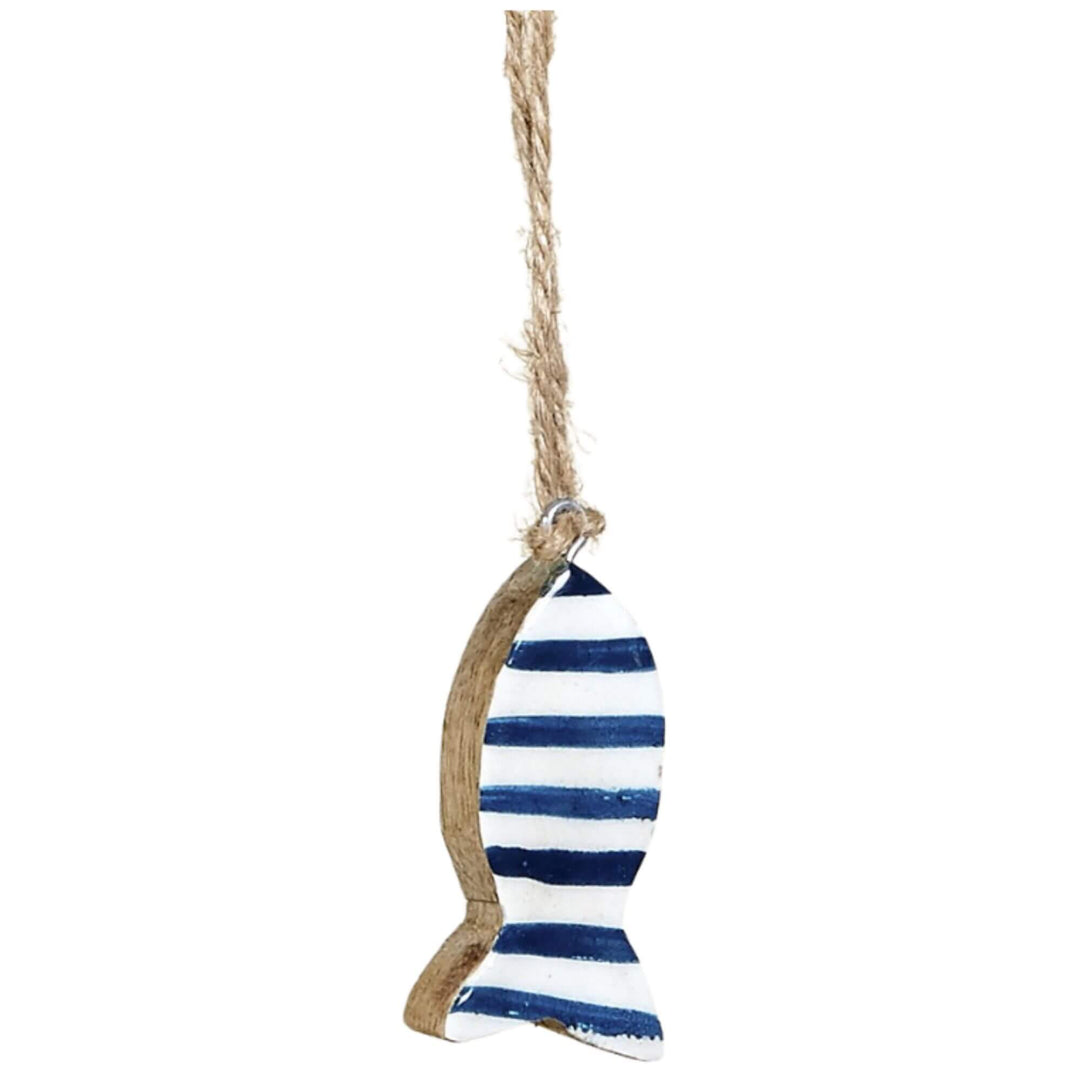 Small wooden fish keyring with dark blue stripes and jute cord.