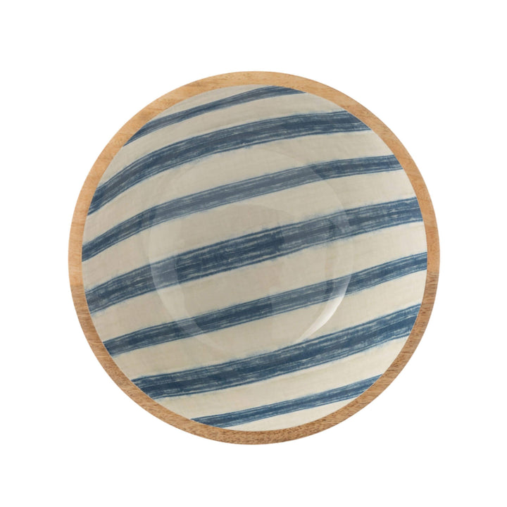 Large wooden bowl with blue striped enamel interior
