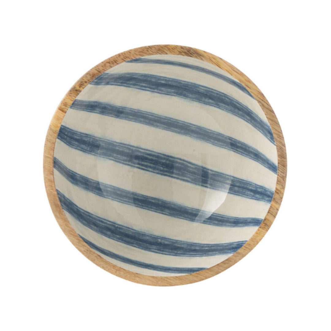 Small striped wooden bowl with blue interior
