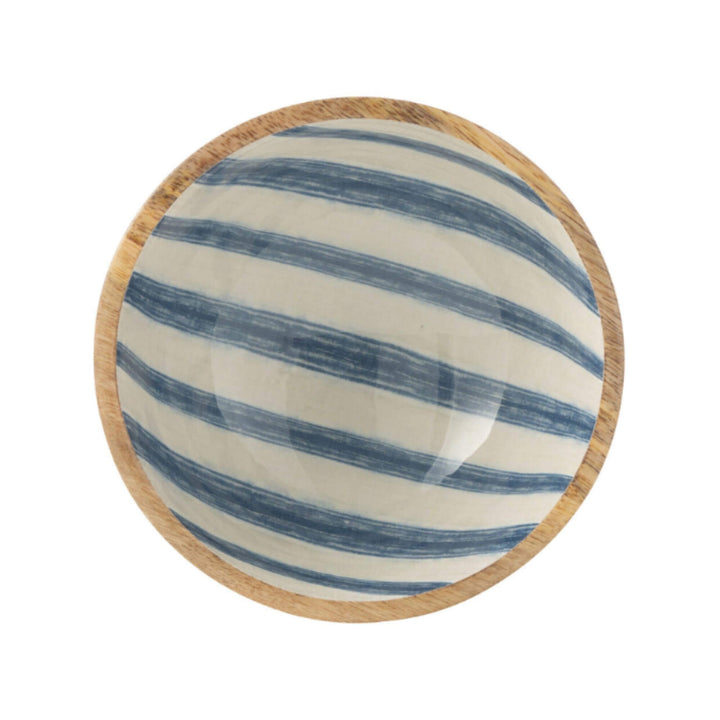 Small striped wooden bowl with blue interior