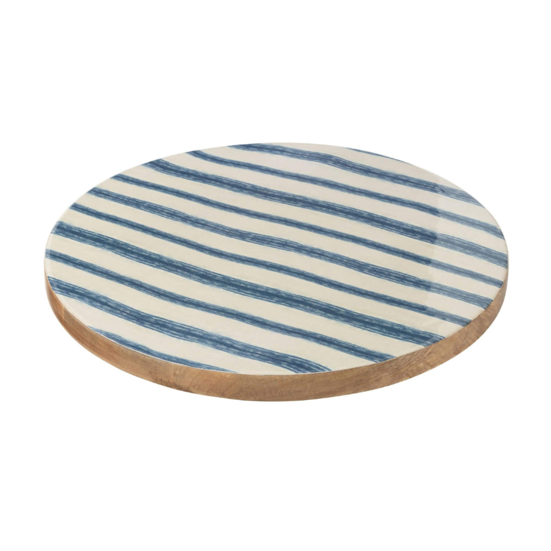 Anaya Stripes Lazy Susan Tray with blue striped design on natural wood.