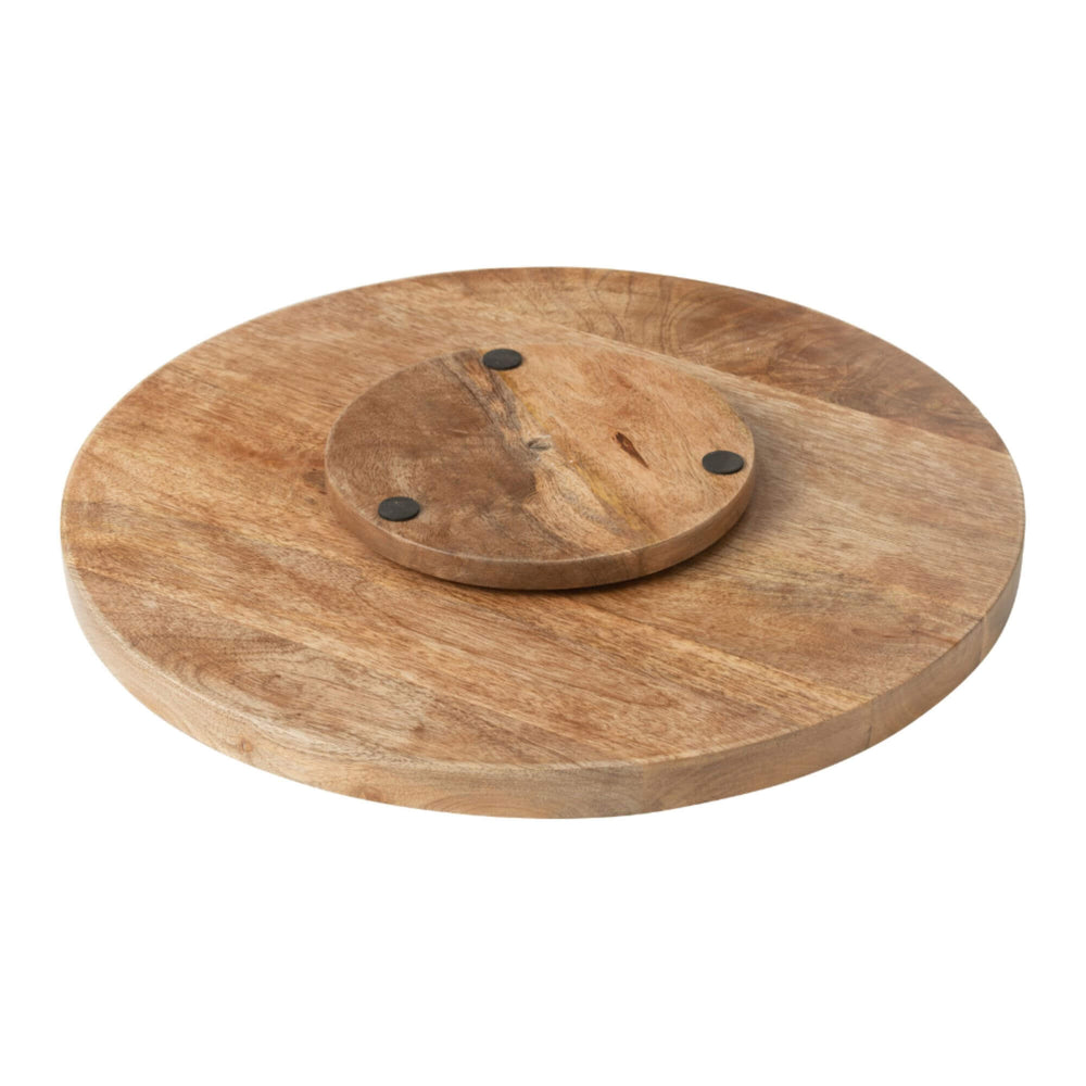 Rotating wooden Lazy Susan tray showing base mechanism.
