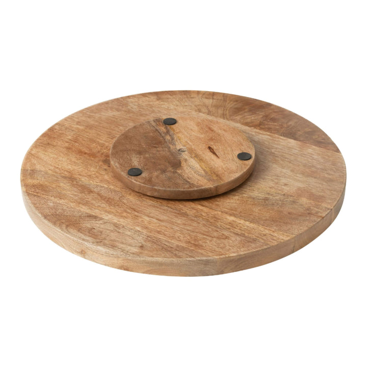 Rotating wooden Lazy Susan tray showing base mechanism.