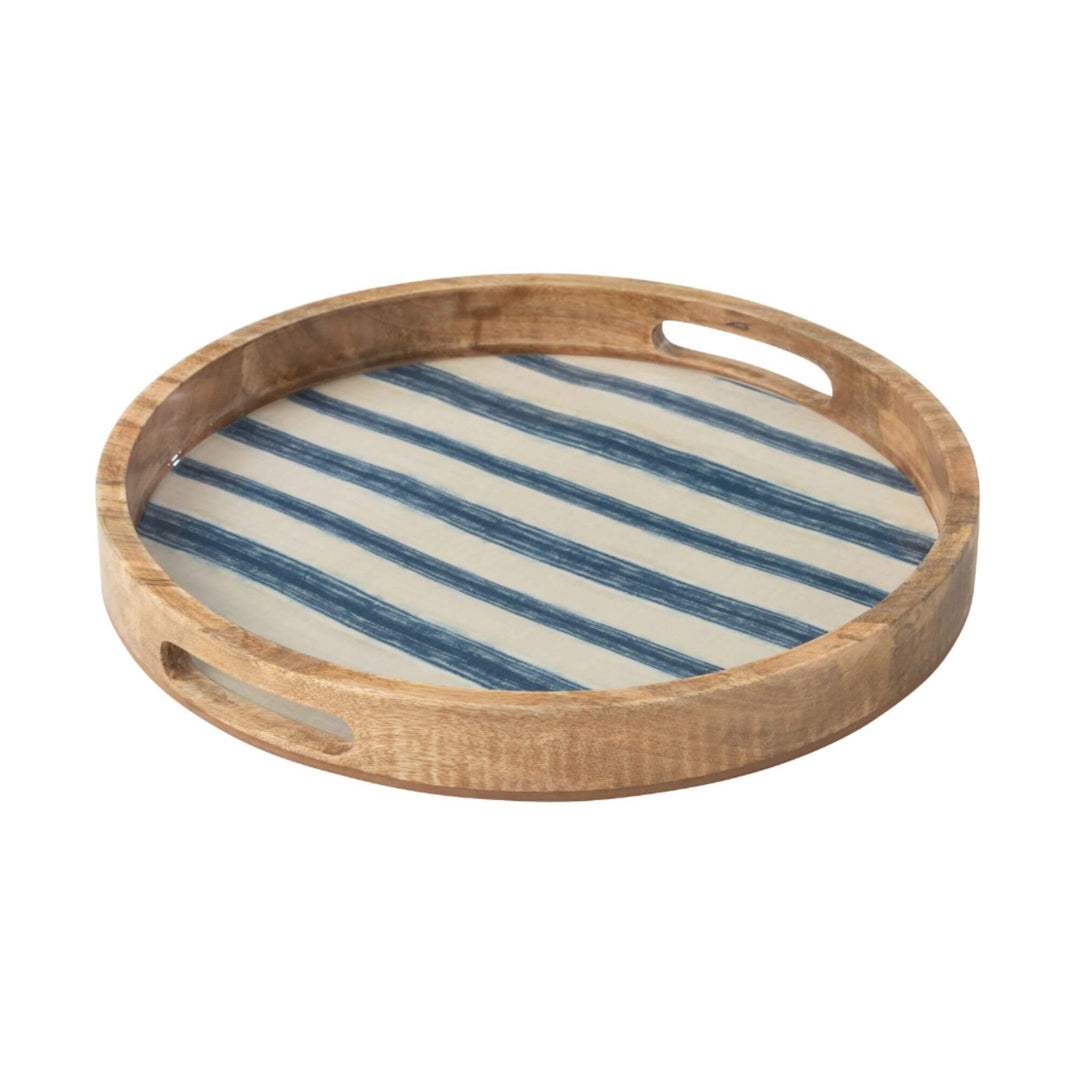 Side view of the Anaya Stripes Round Tray showing raised wood edges and handles.