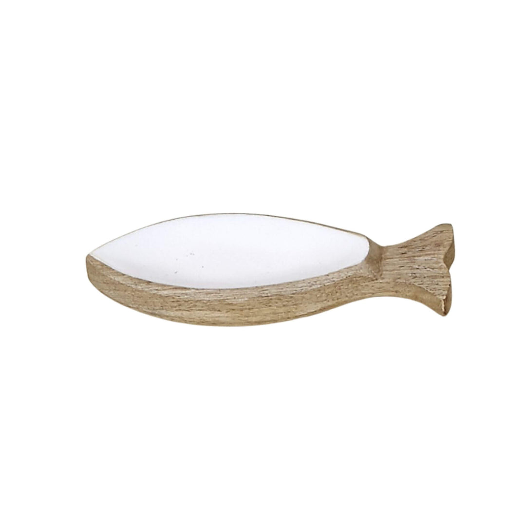 Small Anaya White Plake Fish Tray in natural wood with white interior.
