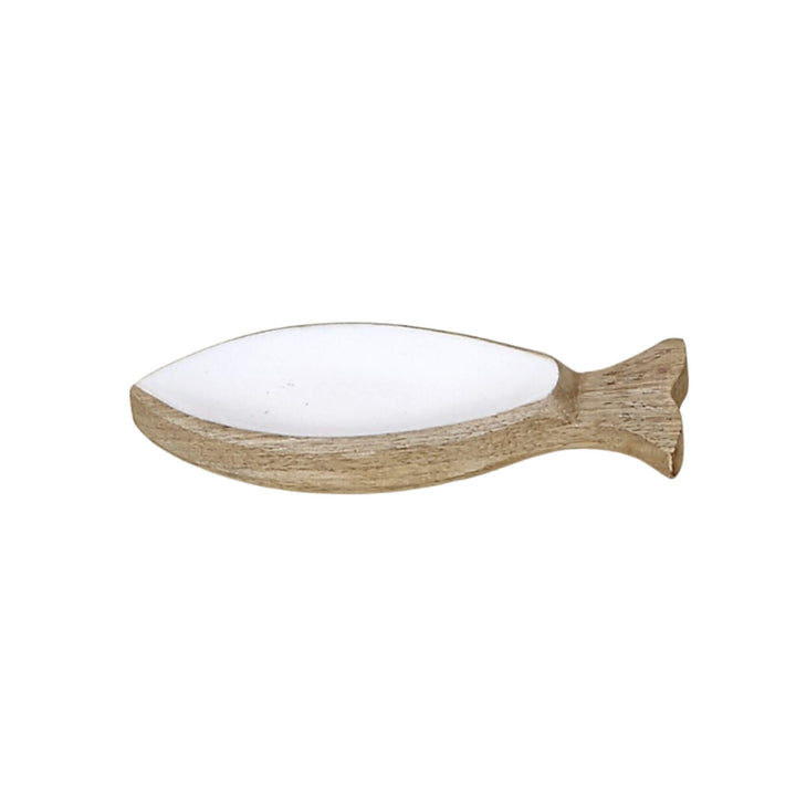 Small Anaya White Plake Fish Tray in natural wood with white interior.