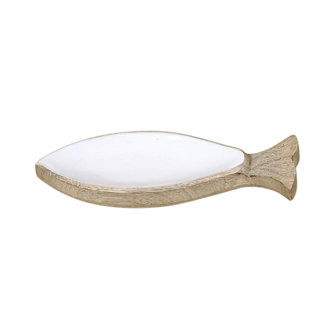 Large Anaya White Plake Fish Tray in natural wood with white interior.