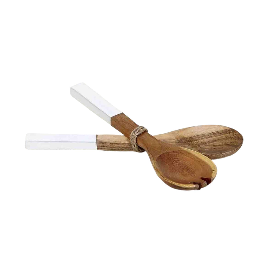 Anaya White Plake Salad Set with natural wood and white handles.