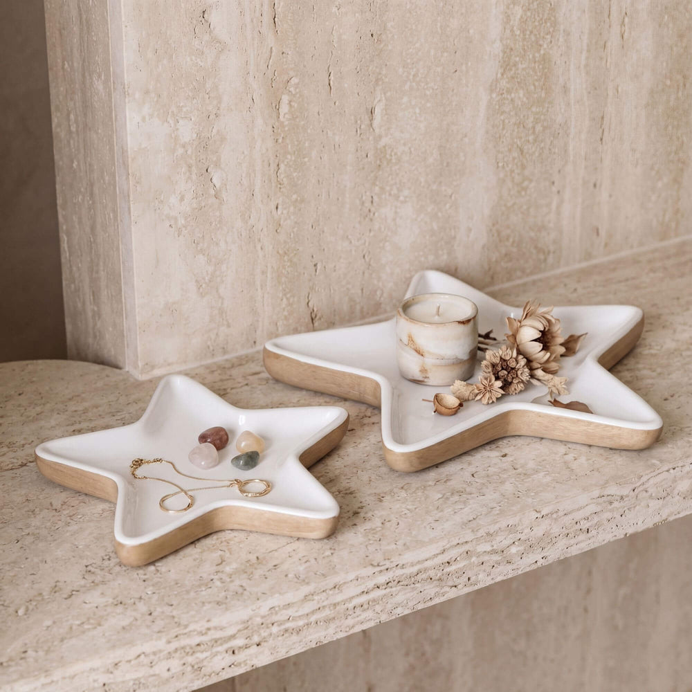 Styled shelf setting featuring the Anaya starfish trays used for jewelry and decorative objects.