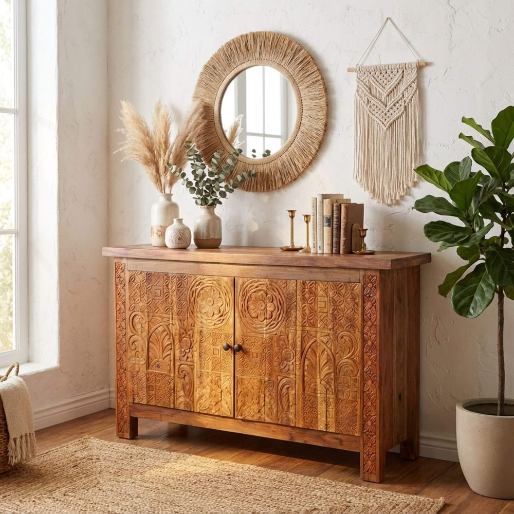 Styled interior scene featuring the Andromeda buffet in a warm, natural setting.