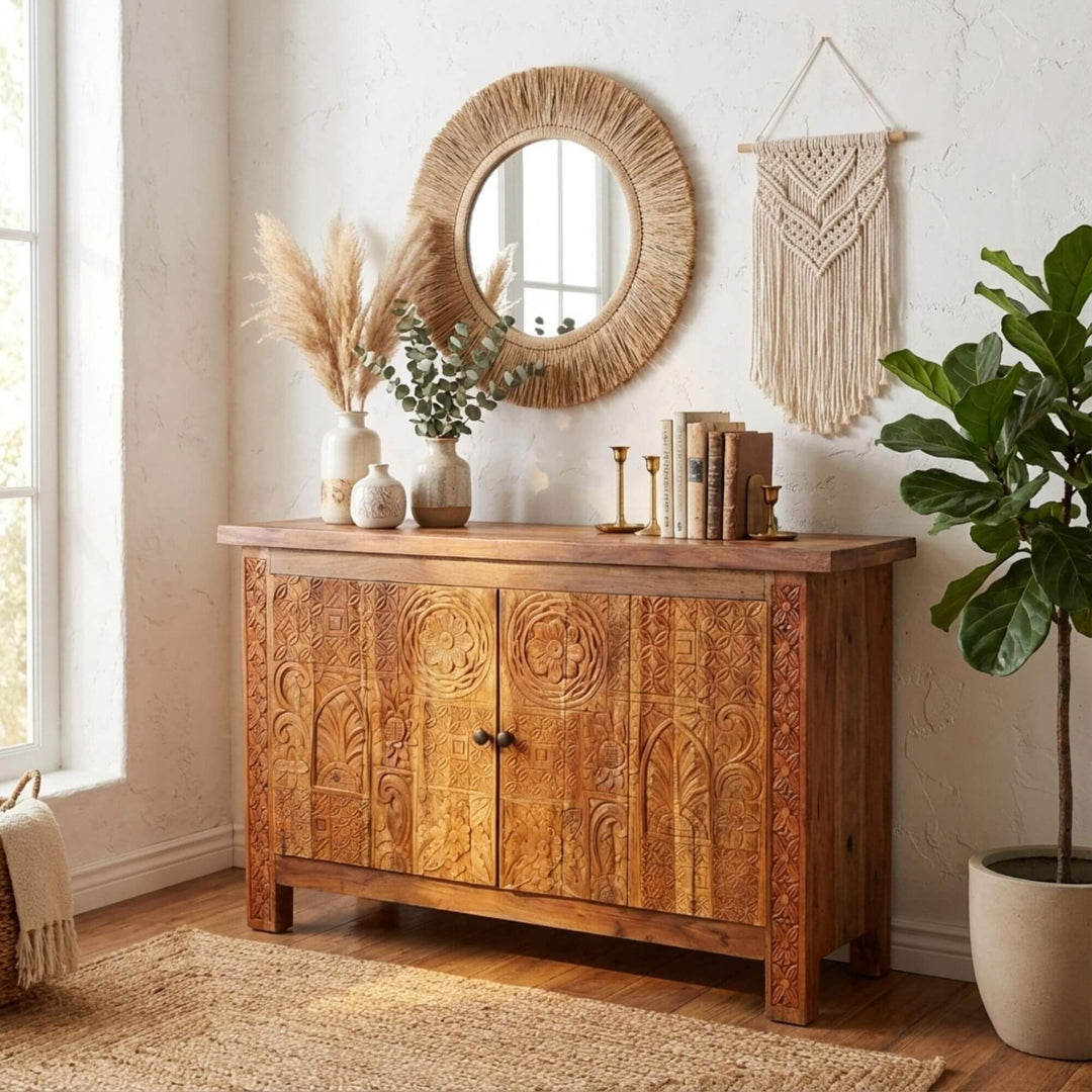 Styled interior scene featuring the Andromeda buffet in a warm, natural setting.