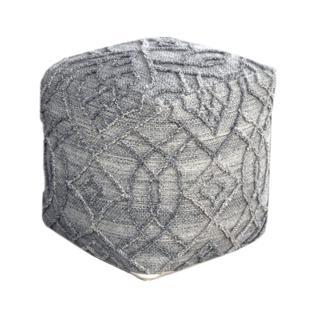 Angriya Puff in grey wool with textured geometric pattern.