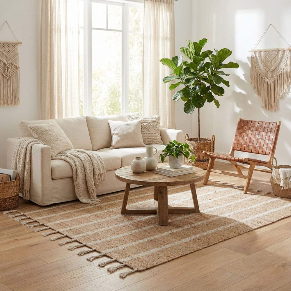 Styled living room scene featuring the Anihar Rug as a warm, neutral floor accent.