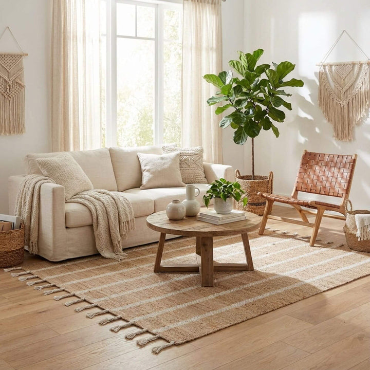 Styled living room scene featuring the Anihar Rug as a warm, neutral floor accent.