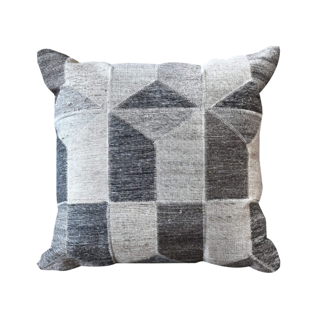 Anjanadri Cushion with grey geometric patchwork design.