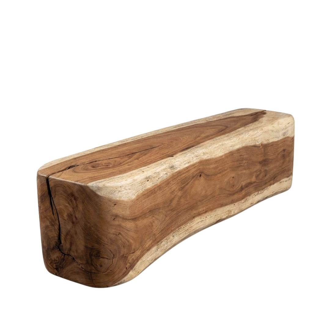 Angled view of the Antares bench showing its organic silhouette and raw wood texture.