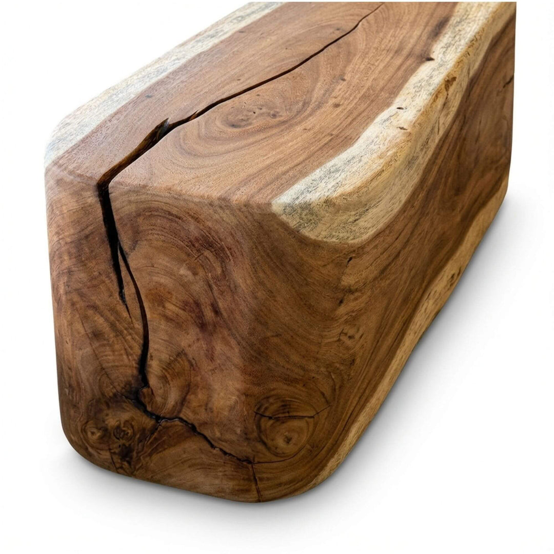 Close-up detail of the suar wood grain and natural cracks emphasizing handcrafted character.