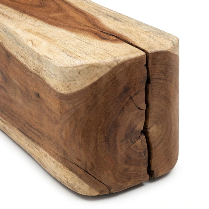Close-up detail of the suar wood grain and natural cracks emphasizing handcrafted character.