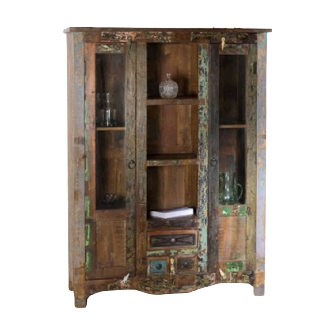 Antique Almirah cabinet crafted from reclaimed wood with glass doors.


