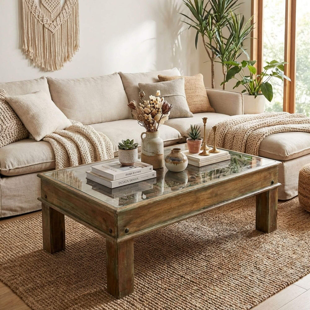Styled living room setting featuring the antique door coffee table with neutral decor and natural textures.
