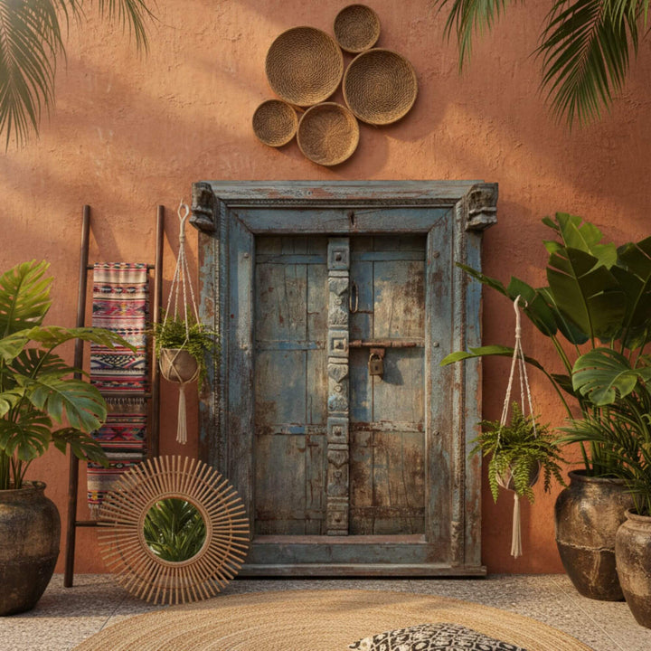 Decorative Indian door styled in a bohemian interior with plants and woven décor.