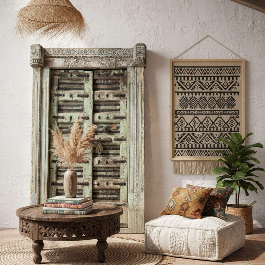 Indoor scene with the Antique Indian Door displayed as an architectural statement piece.