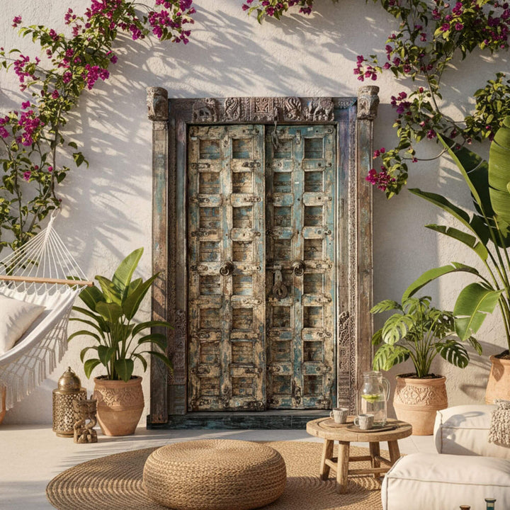Interior setting featuring the antique Indian sheesham wood door as a decorative statement piece.